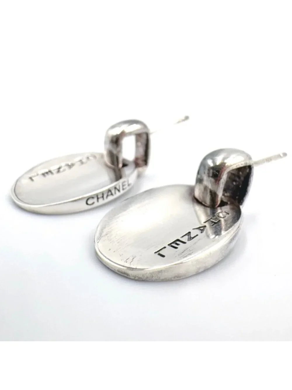 Chanel Oval Plate Log Drop Silver Earrings